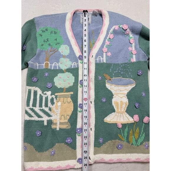 Storybook Knits Spring Garden Scene Cardigan Sz Med Blue Grandmacore Vintage - Picture 9 of 10